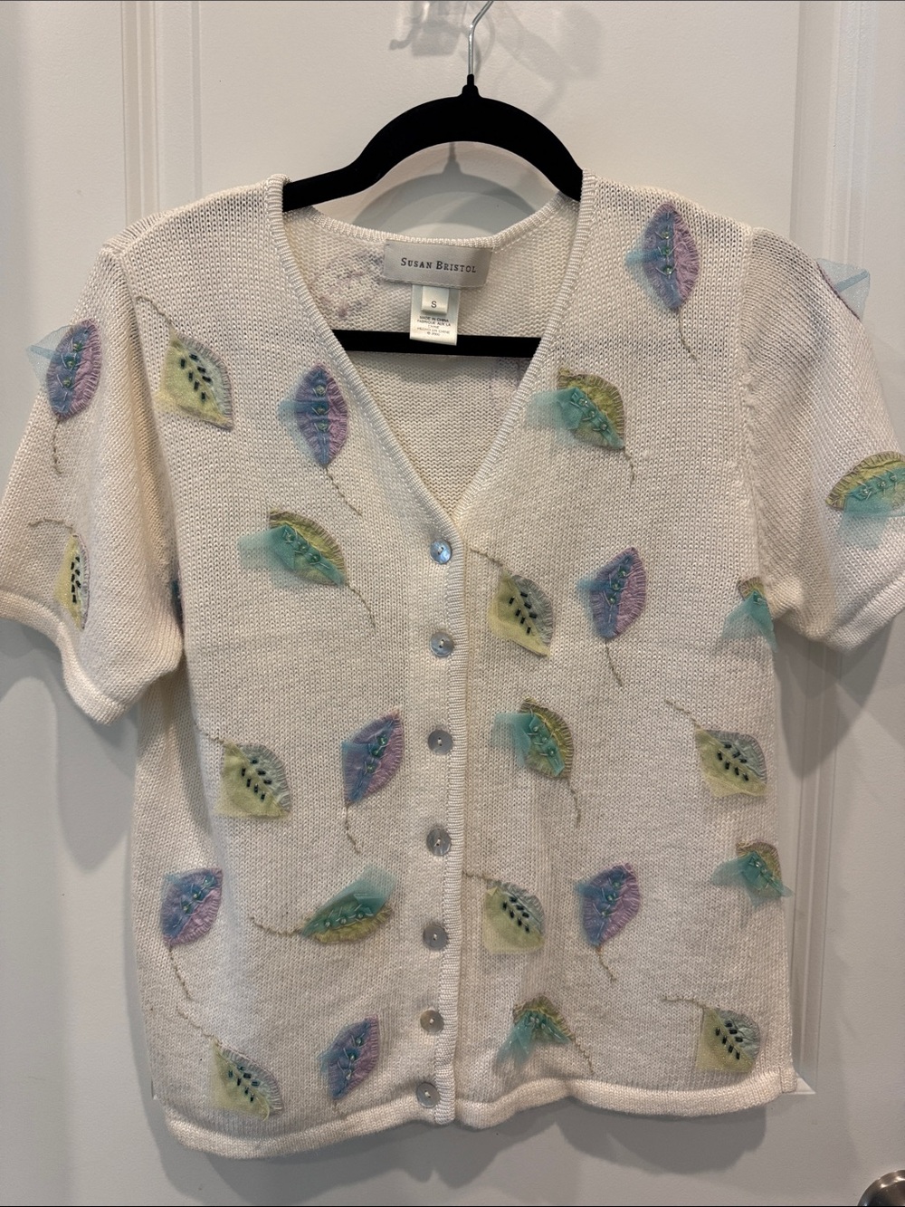 Susan Bristol Cream V-Neck Short Sleeve Cardigan with Pastel Leaf Motif